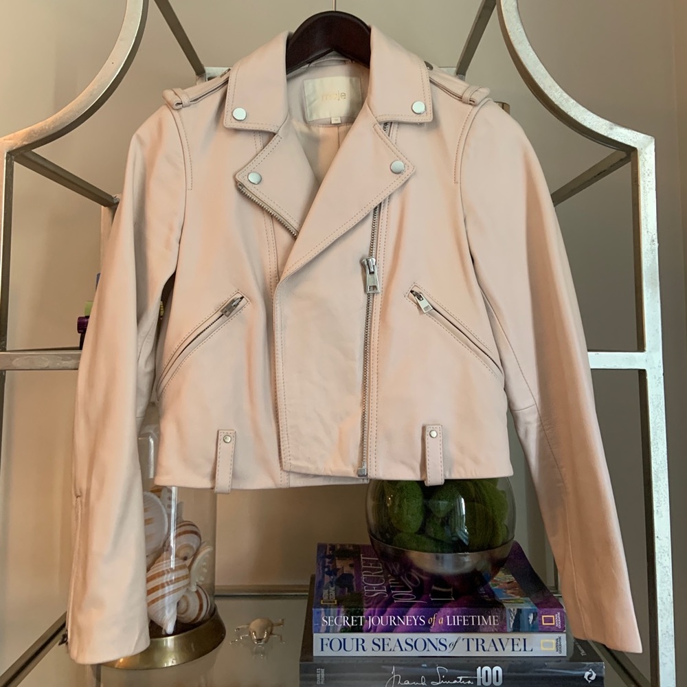 Maje Blush Pink Leather Moto Jacket